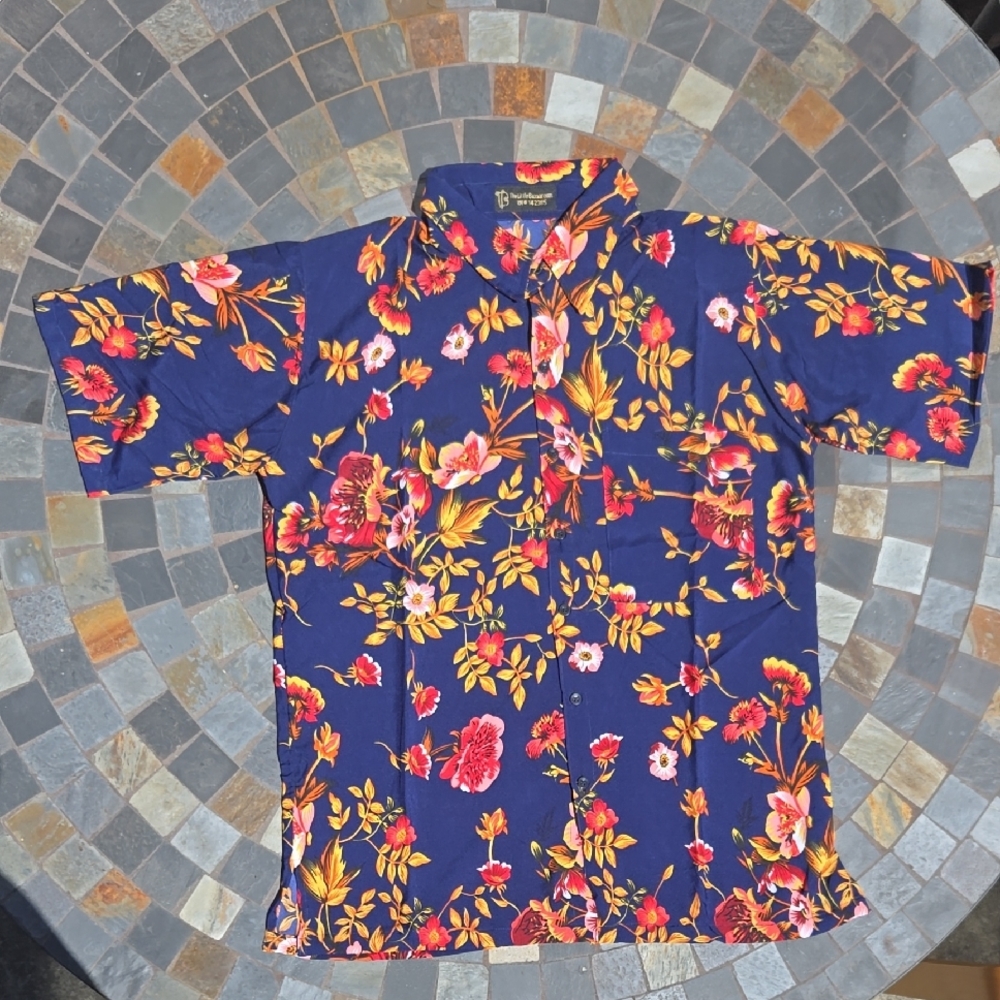 Men's Floral Short-Sleeve Shirt - Navy with Red & Yellow Flowers